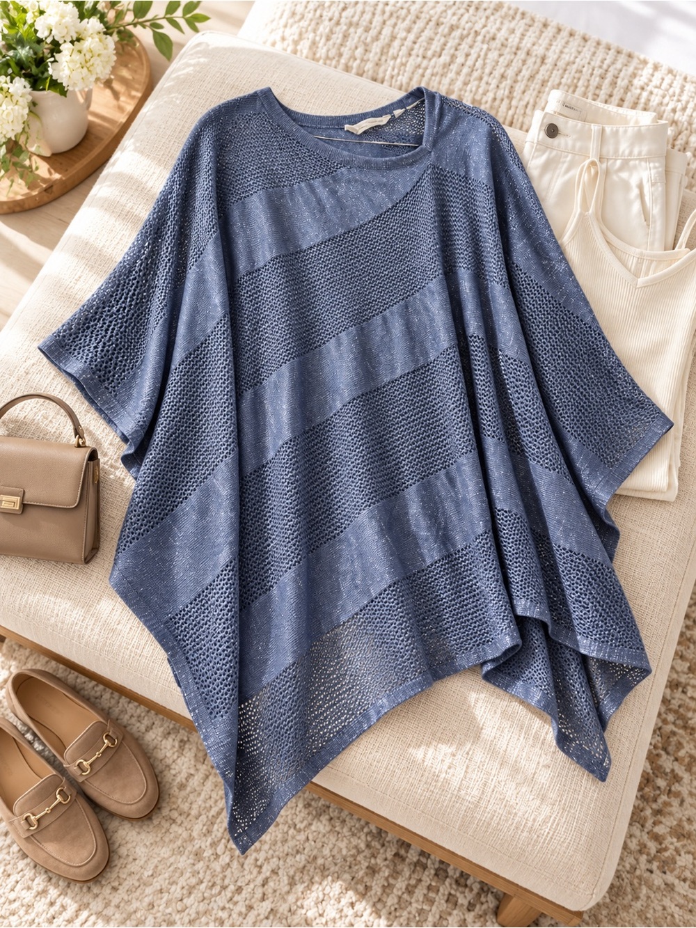 Soft Surroundings Breeze Poncho One Size Blue Metallic Open Knit Asymmetrical